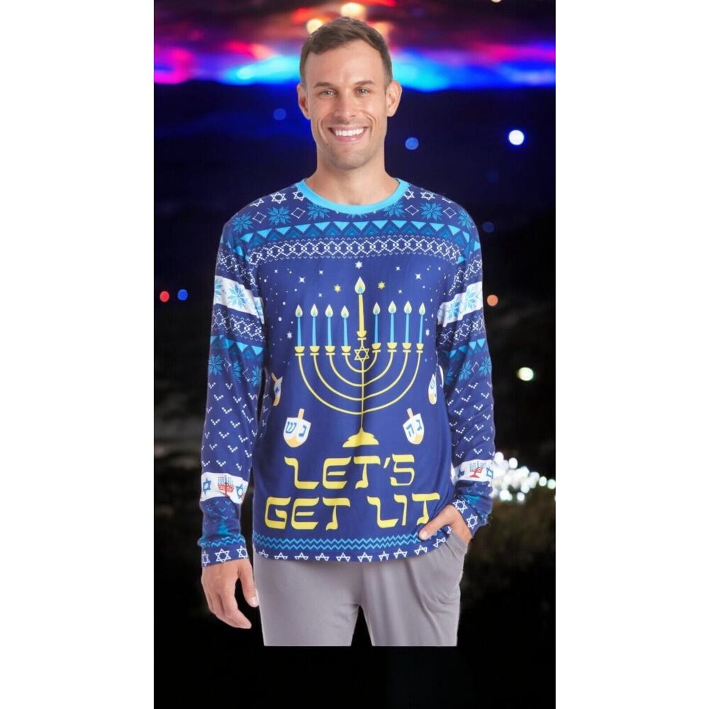 Hannukah Men's Long Sleeve Lounge Sleep Pajama Shirt Adult